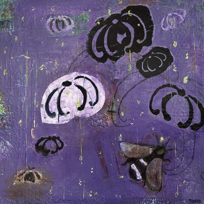 #1207 July (nepeta/bees/purple) 24x24 acrylic cradled wood panel, 2023