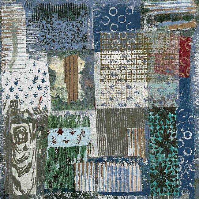 #1247 Blue Quilt (with Tree) 24x24 mixed media cradled wood panel, 2024