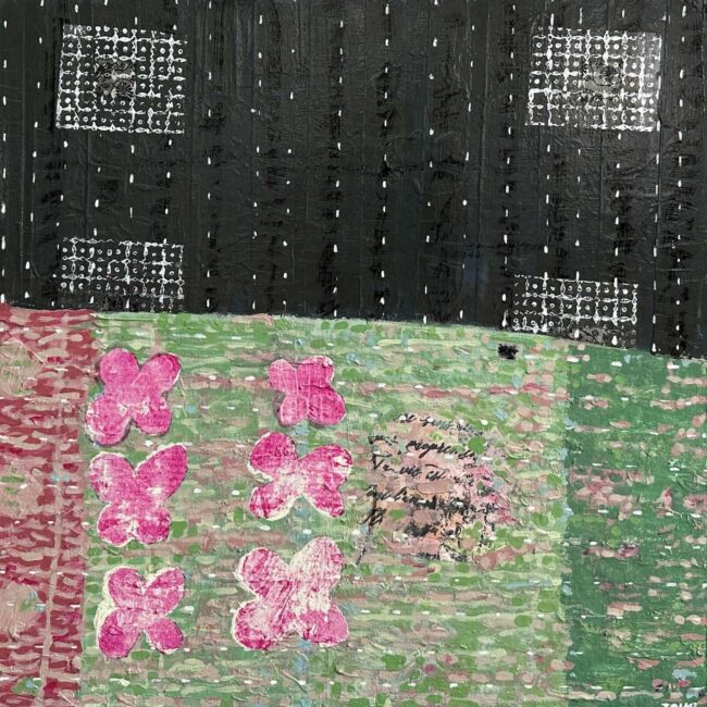 #1256 Kantha #3 24x24 acrylic cradled wood panel, 2024