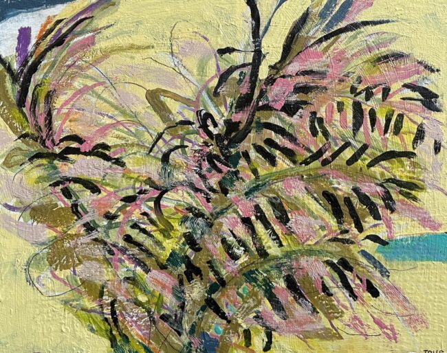 #1259 Yellow Palm 12x16 mixed media framed panel, 2024