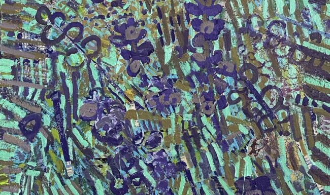 #1312 July Hum 30x30 mixed media cradled wood panel, 2026